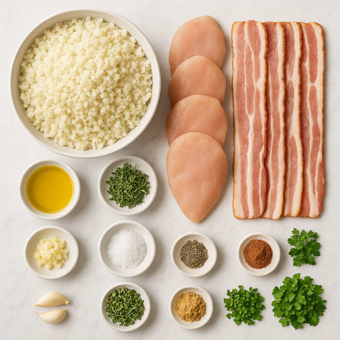 Cauliflower Rice with Herbs, Pecans, and Bacon-Wrapped Chicken ingredients