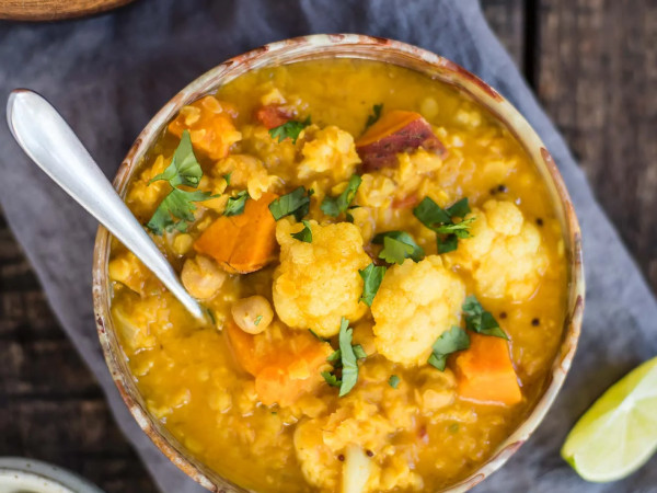 Vegan Soup with Curried Cauliflower, Sweet Potato, and Lentils