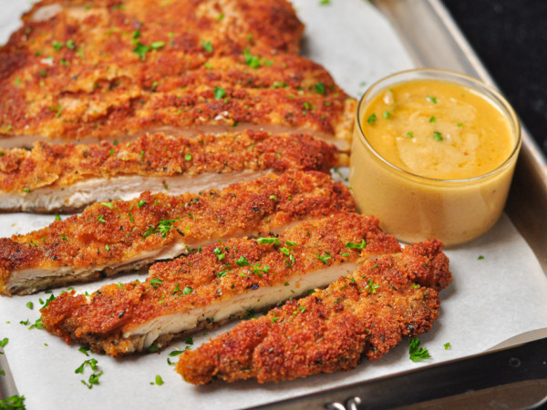 Breaded Chicken Schnitzel with Mango Cream Sauce
