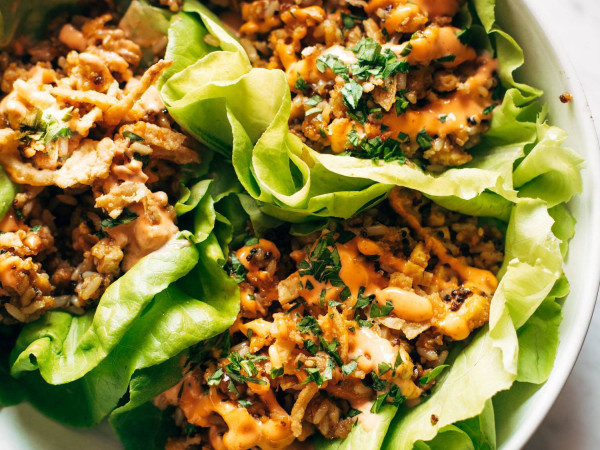 Spicy Peanut Sauce Cauliflower Rice Lettuce Wraps