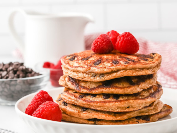 Greek Yogurt Pancakes with Strawberries, Oats, and Chocolate Chips
