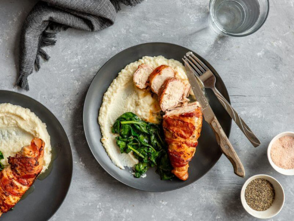 Cauliflower Rice with Herbs, Pecans, and Bacon-Wrapped Chicken