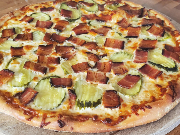 Pizza with Garlic, Bacon, and Pickles