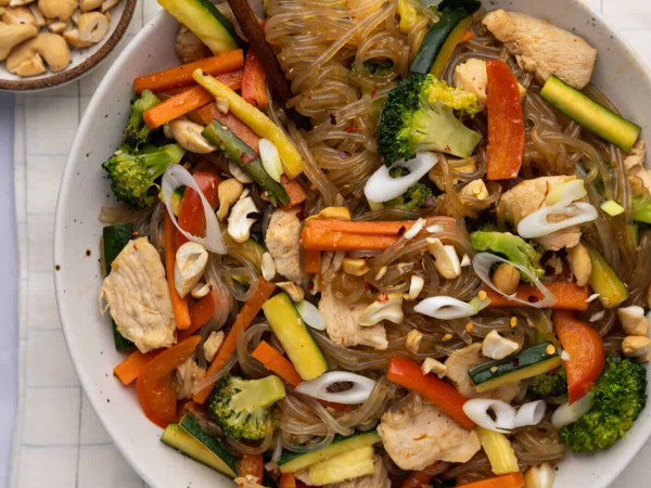 Stir-Fried Glass Noodles with Chicken and Vegetables