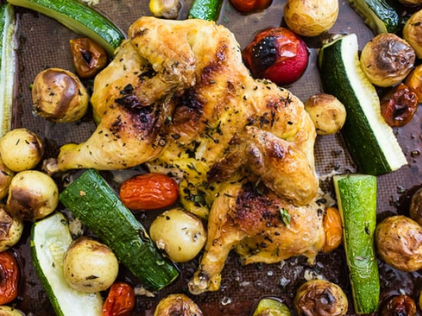 Thanksgiving Cornish Hen Dinner Made on a Sheet Pan