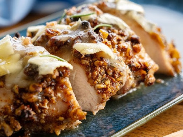 Chicken Breasts Stuffed and Topped with Pecan Crust