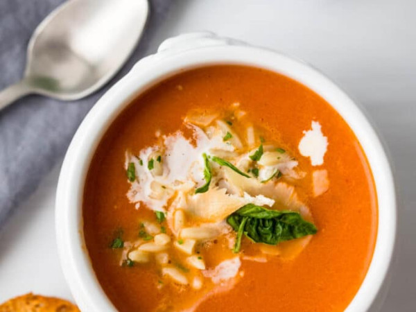 Tomato Orzo Soup Topped with Gorgonzola