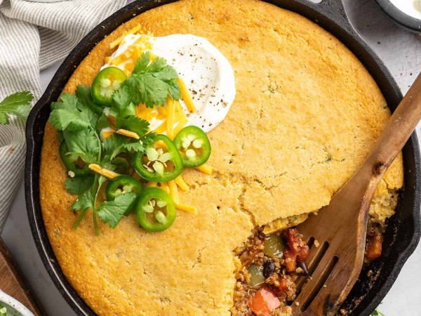 Vegetable Chili with Cornbread Topping Casserole