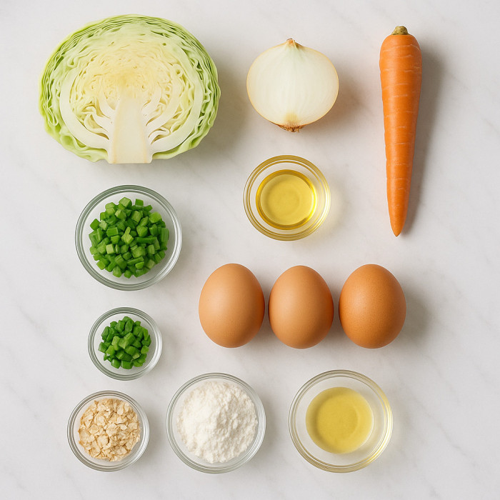 Cabbage and eggs dish ingredients