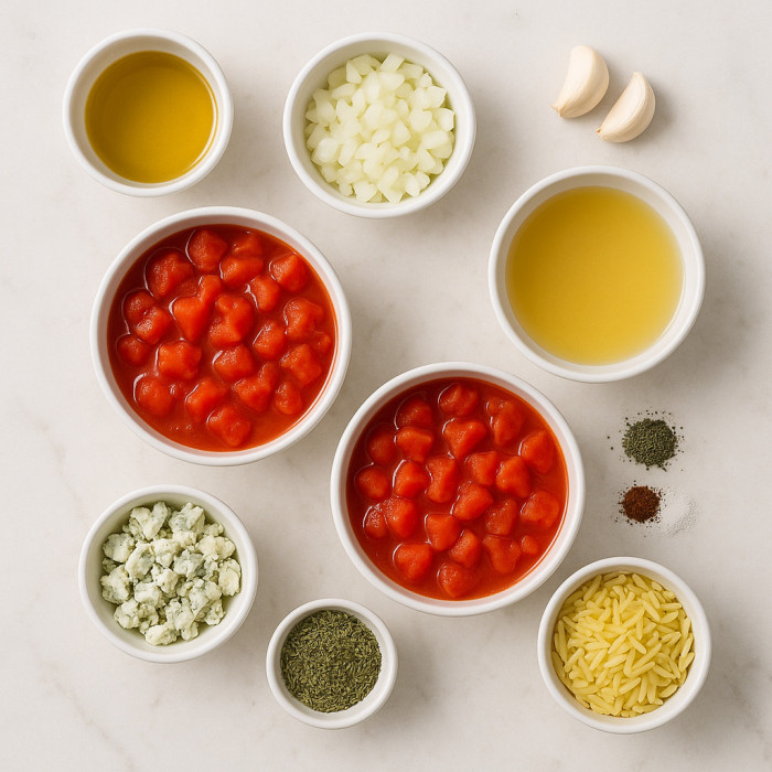 Tomato Orzo Soup Topped with Gorgonzola ingredients